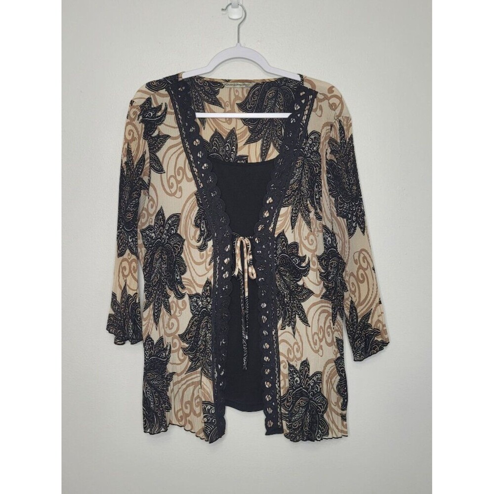 Larry Levine black brown dark boho witchy 3/4 sleeve tie front top size 1x